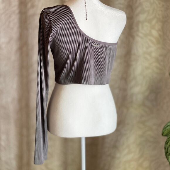 NWOT Manière de Voir One Shoulder Crop Top Gray Ribbed Long Sleeve US Size 12 - Picture 4 of 8